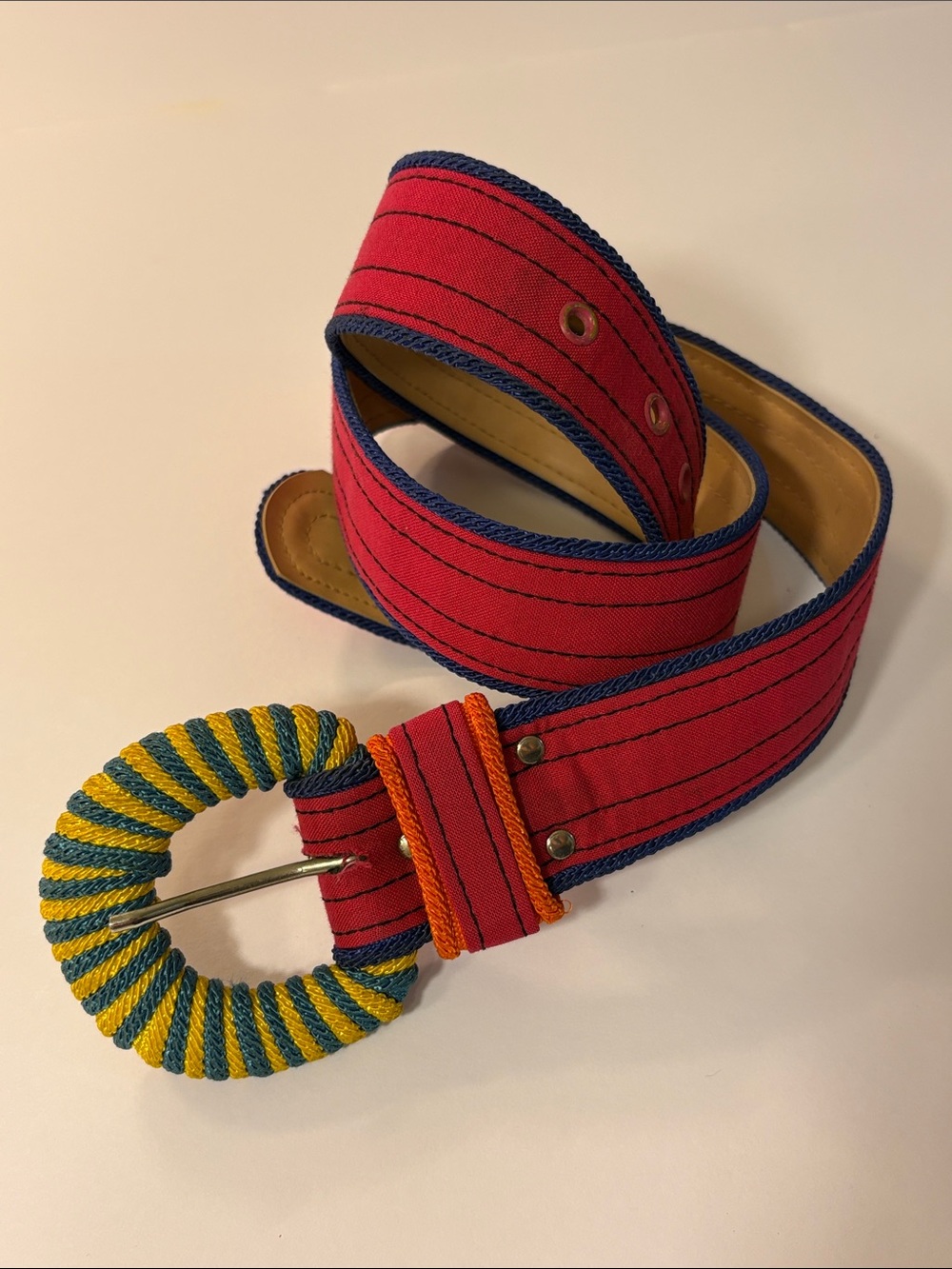 Vintage Striped Pink Canvas Belt with Yellow-Green Wrapped Buckle
